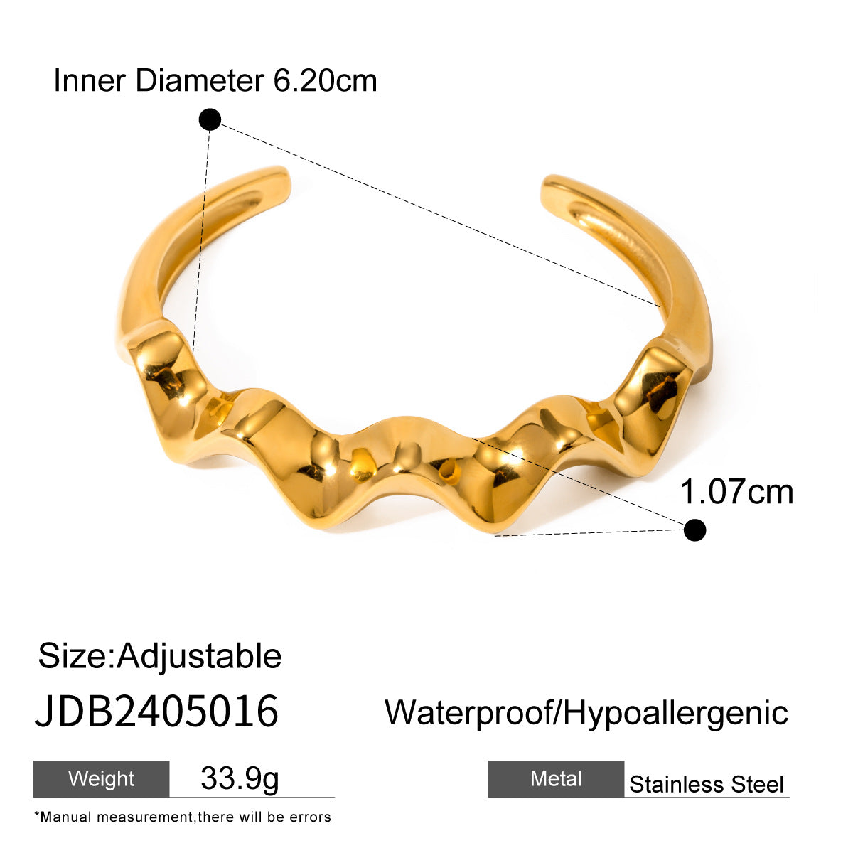 18K Gold Stainless Steel Bangle – Irregular Hammered Wave Cuff
