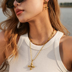 18K Gold Cross Necklace – Tiger Eye Pendant in Stainless Steel