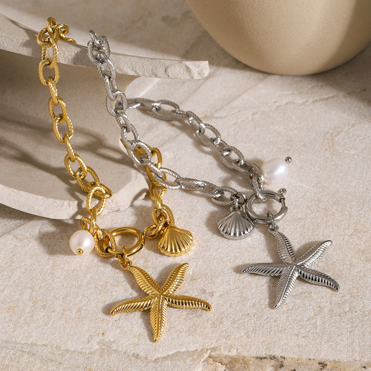 18K Gold Ocean Charm Bracelet – Starfish, Shell & Conch in Stainless Steel