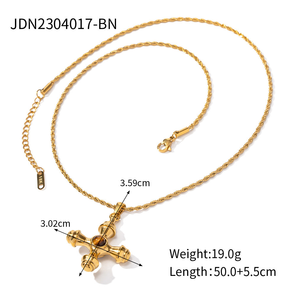 18K Gold Cross Necklace – Tiger Eye Pendant in Stainless Steel