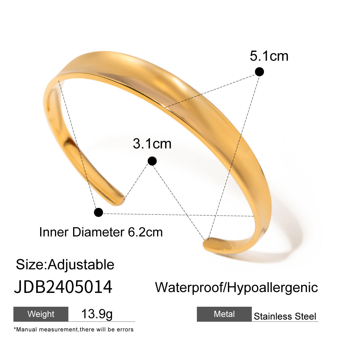 18K Gold Stainless Steel Bangle – Irregular Hammered Wave Cuff