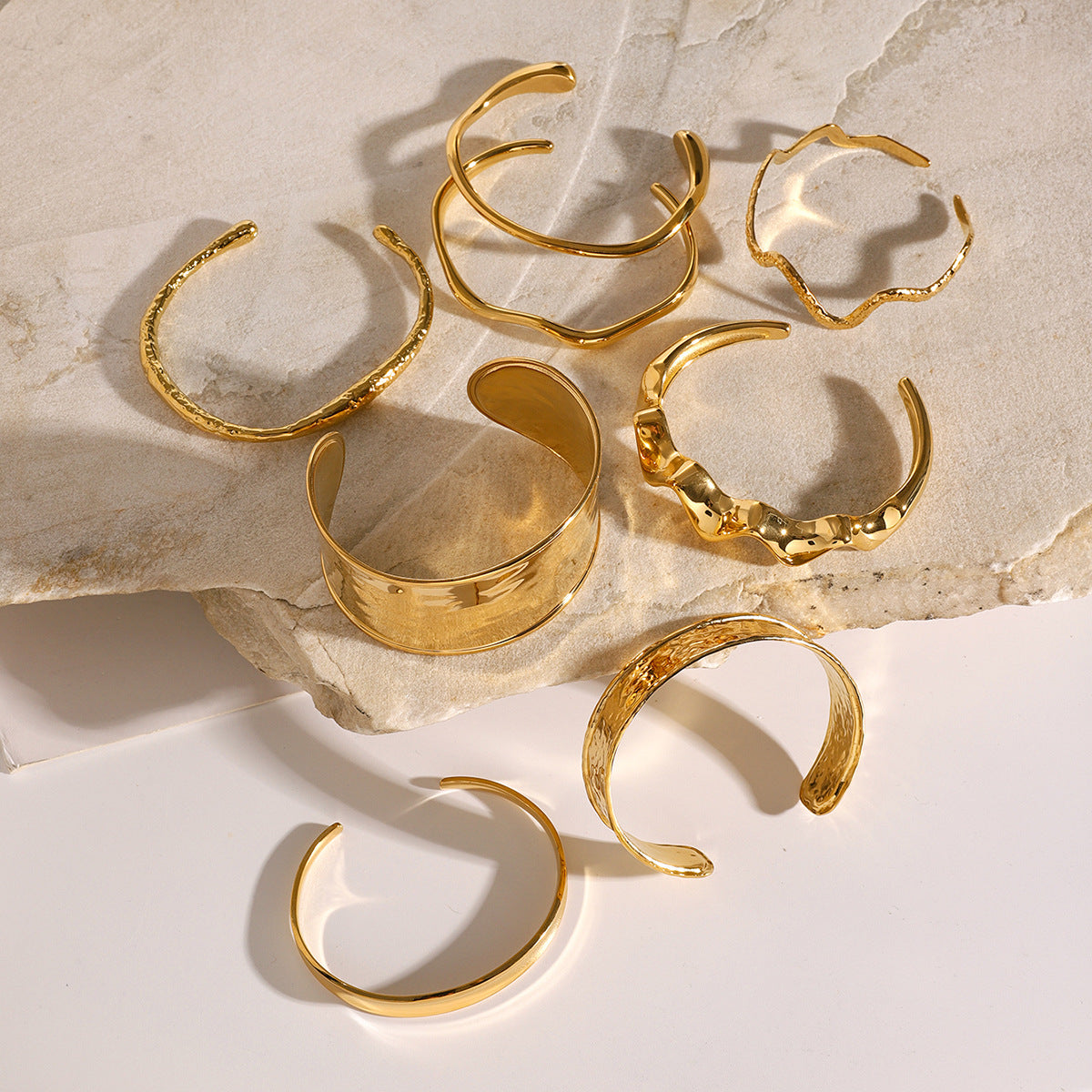 18K Gold Stainless Steel Bangle – Irregular Hammered Wave Cuff