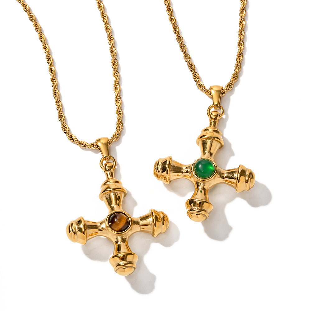 18K Gold Cross Necklace – Tiger Eye Pendant in Stainless Steel