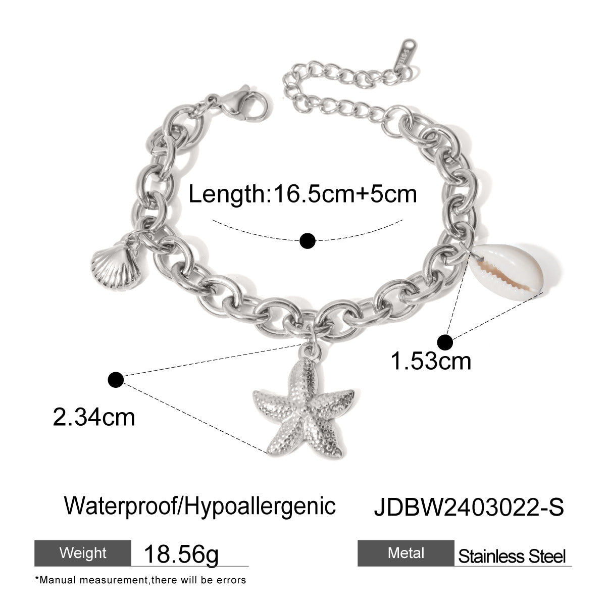 18K Gold Ocean Charm Bracelet – Starfish, Shell & Conch in Stainless Steel