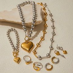 Two-Tone Heart Necklace & Ring Set – Titanium Steel Earrings