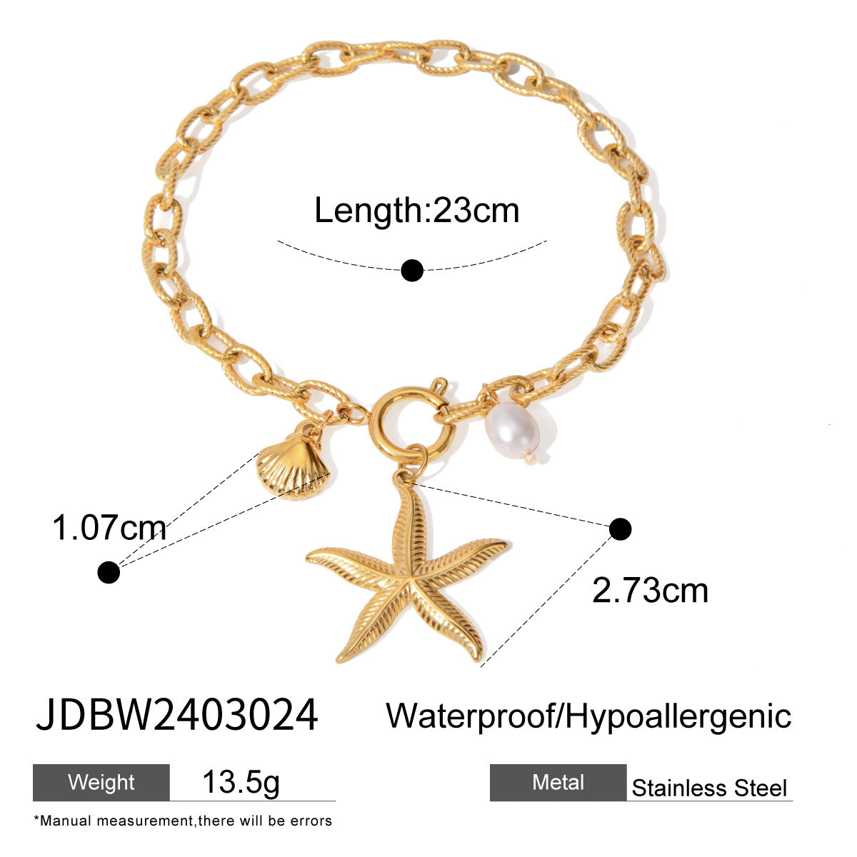 18K Gold Ocean Charm Bracelet – Starfish, Shell & Conch in Stainless Steel