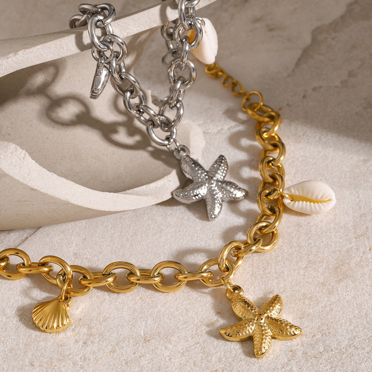 18K Gold Ocean Charm Bracelet – Starfish, Shell & Conch in Stainless Steel