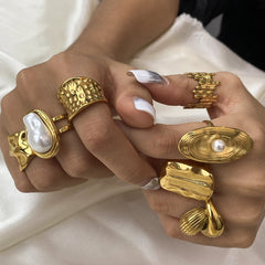 Gold Pearl Ring – Bold Titanium Steel Statement Jewelry