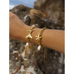 18K Gold Ocean Charm Bracelet – Starfish, Shell & Conch in Stainless Steel