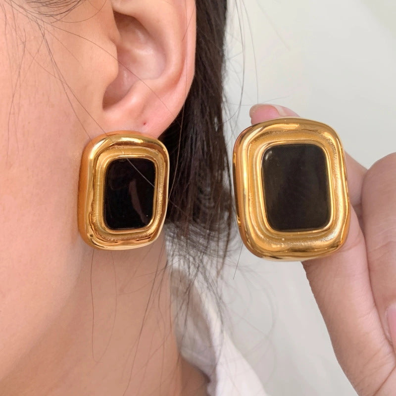 Onyx Stud Earrings – Elegant Titanium Steel Jewelry for Women