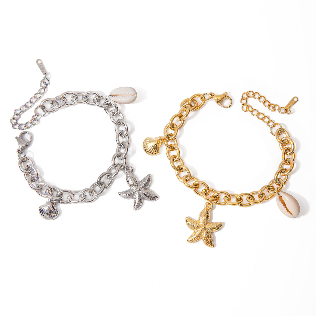 18K Gold Ocean Charm Bracelet – Starfish, Shell & Conch in Stainless Steel