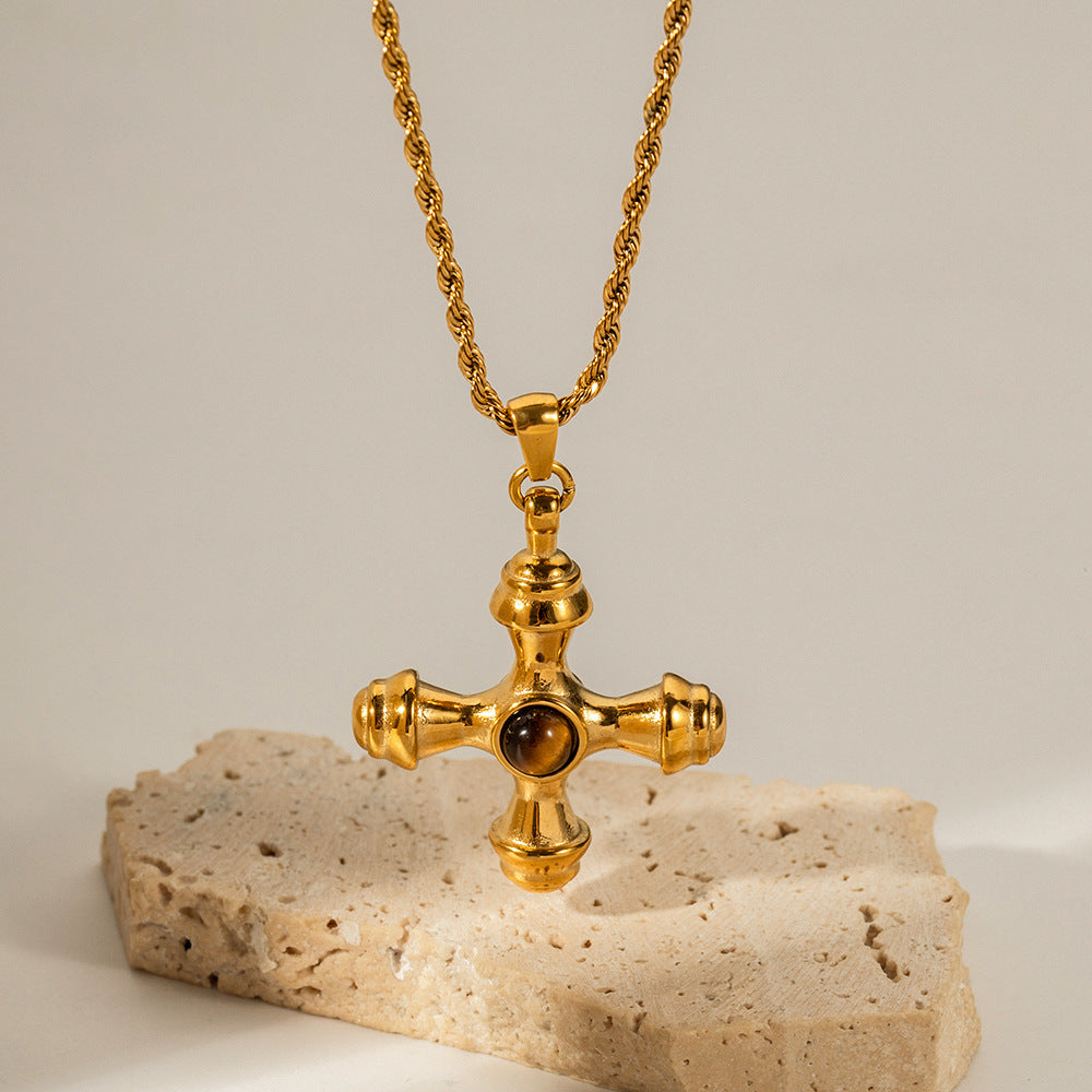 18K Gold Cross Necklace – Tiger Eye Pendant in Stainless Steel