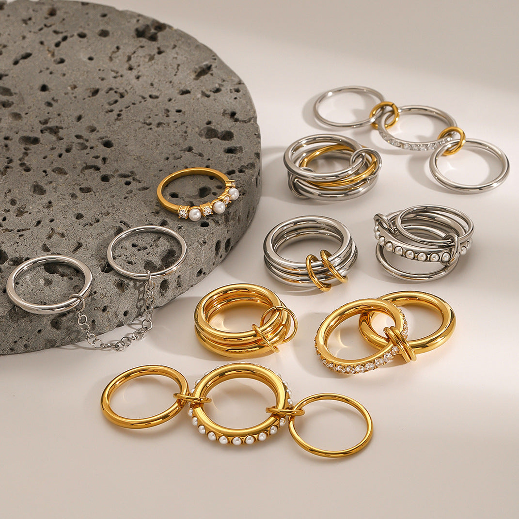 Stacked Pearl Stainless Steel Ring – Elegant INS-Inspired Jewelry