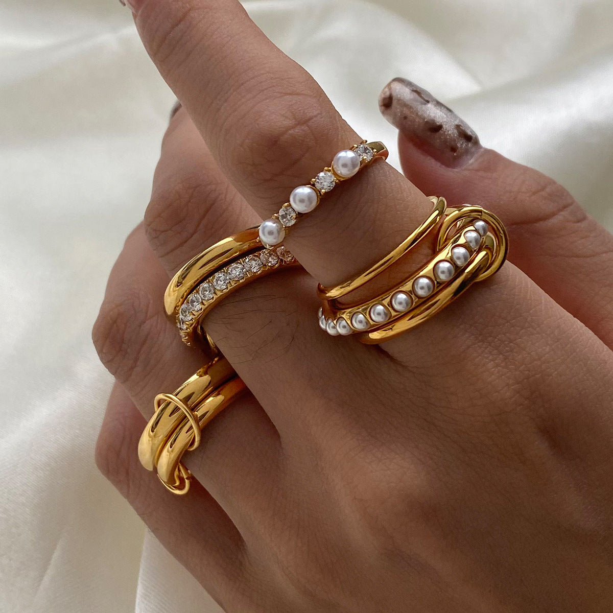 Stacked Pearl Stainless Steel Ring – Elegant INS-Inspired Jewelry