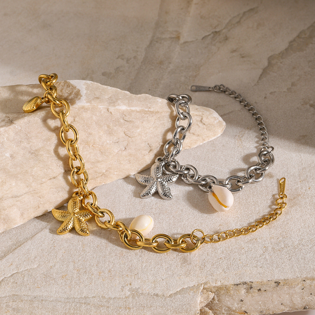 18K Gold Ocean Charm Bracelet – Starfish, Shell & Conch in Stainless Steel