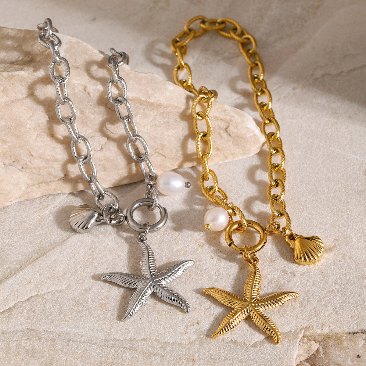 18K Gold Ocean Charm Bracelet – Starfish, Shell & Conch in Stainless Steel