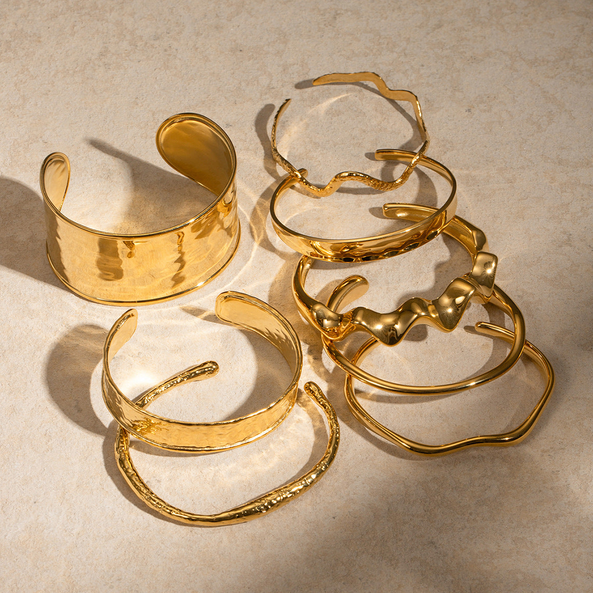 18K Gold Stainless Steel Bangle – Irregular Hammered Wave Cuff