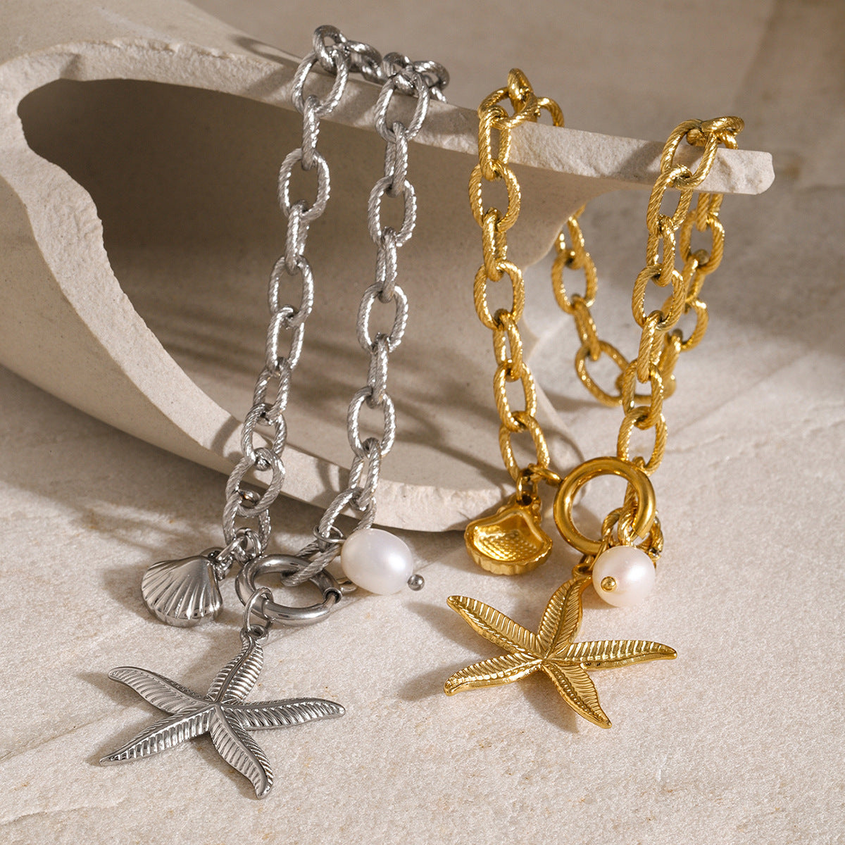 18K Gold Ocean Charm Bracelet – Starfish, Shell & Conch in Stainless Steel