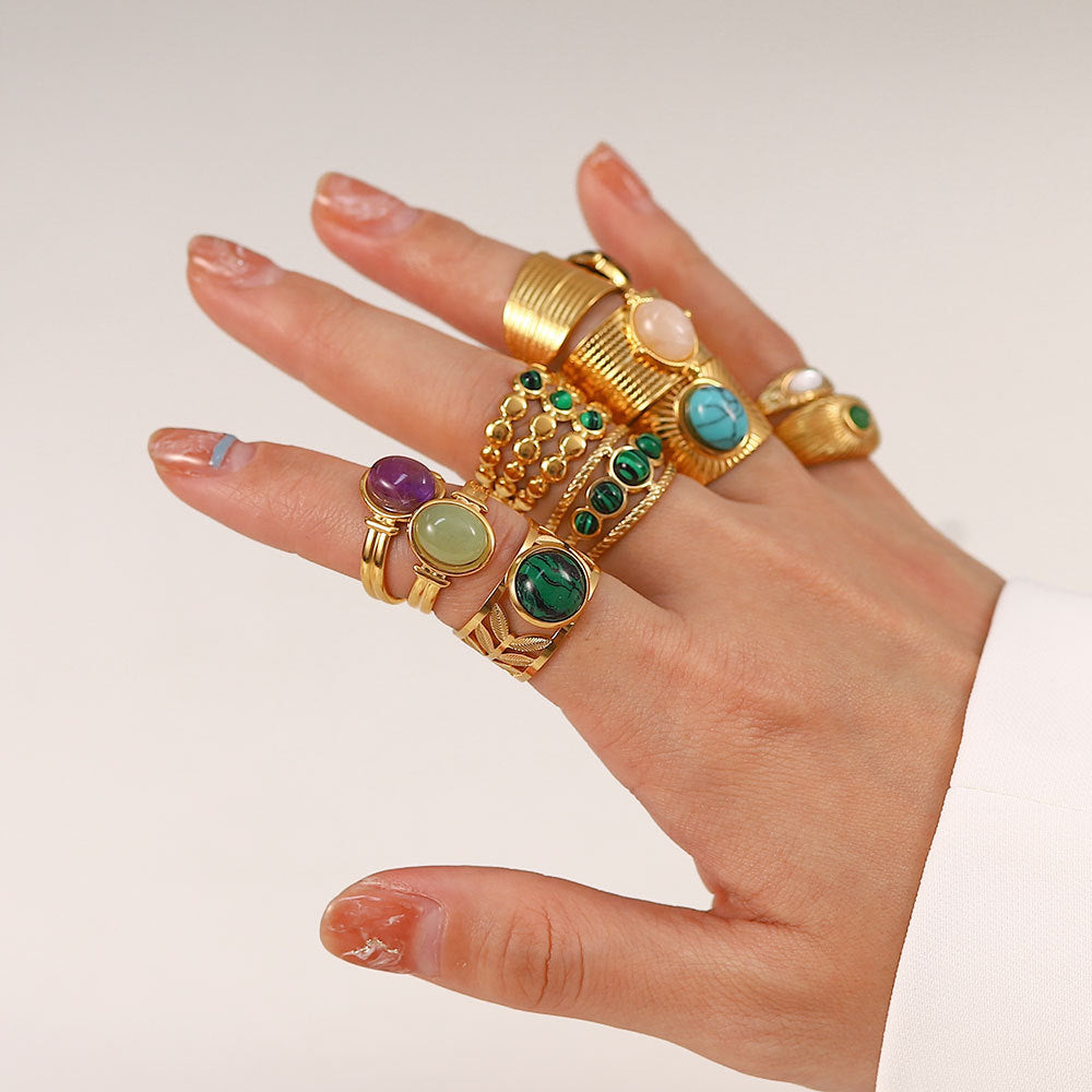 Vintage Gemstone Ring – 18K Gold Plated Titanium Steel Jewelry