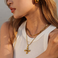 18K Gold Cross Necklace – Tiger Eye Pendant in Stainless Steel