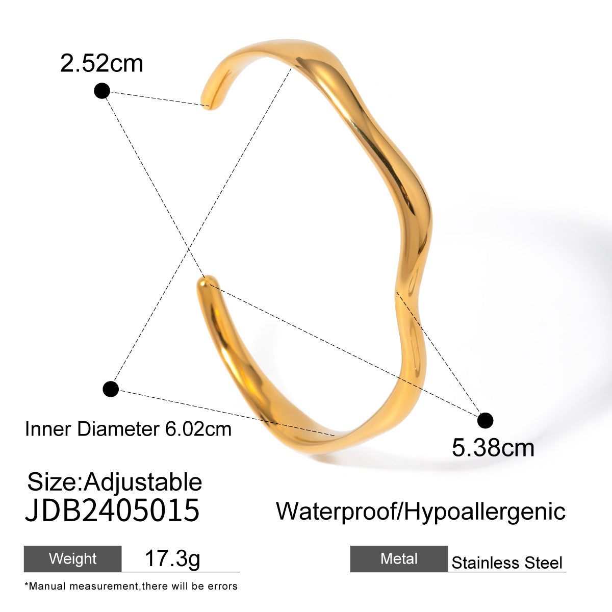 18K Gold Stainless Steel Bangle – Irregular Hammered Wave Cuff