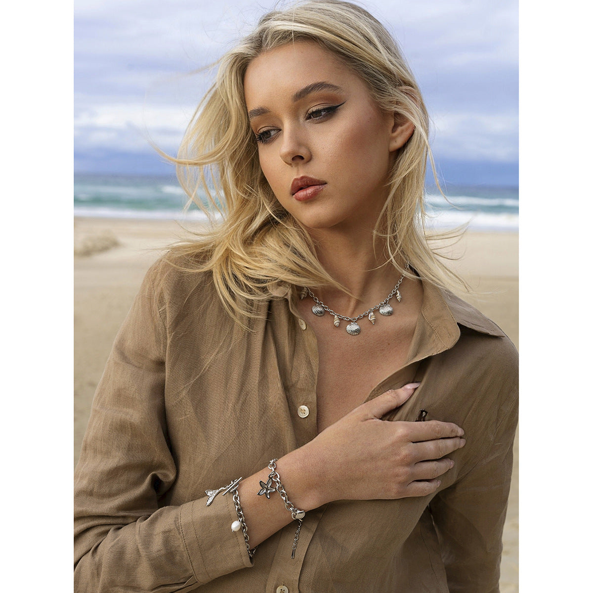 18K Gold Ocean Charm Bracelet – Starfish, Shell & Conch in Stainless Steel