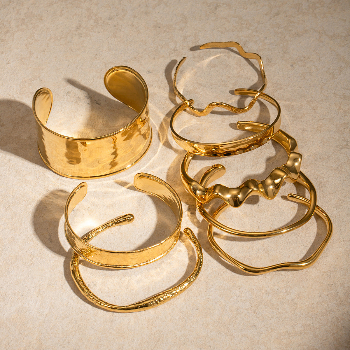 18K Gold Stainless Steel Bangle – Irregular Hammered Wave Cuff
