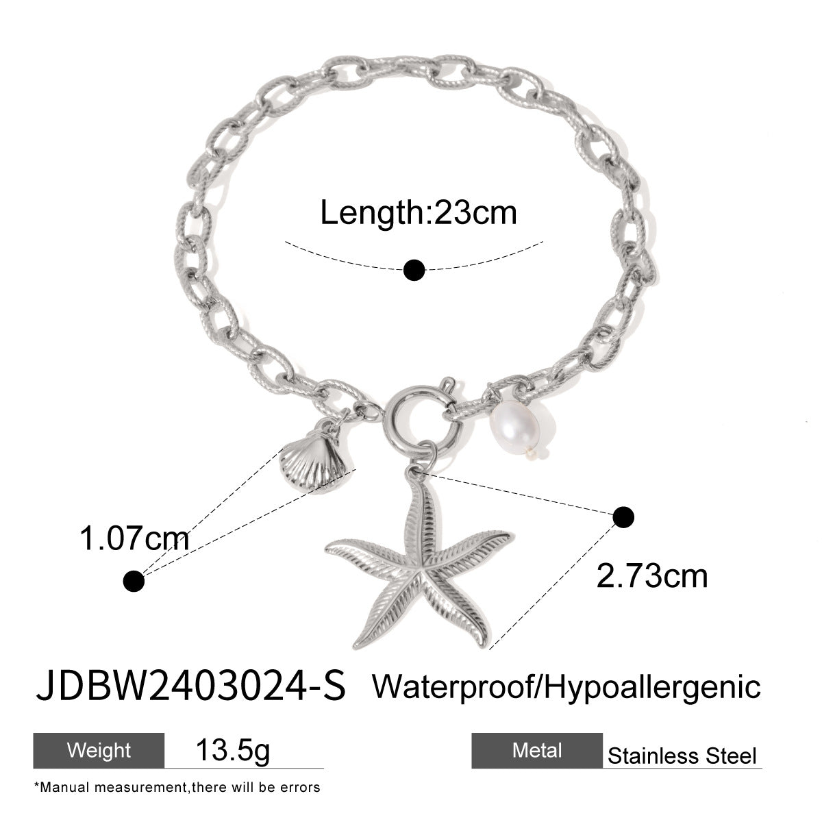 18K Gold Ocean Charm Bracelet – Starfish, Shell & Conch in Stainless Steel