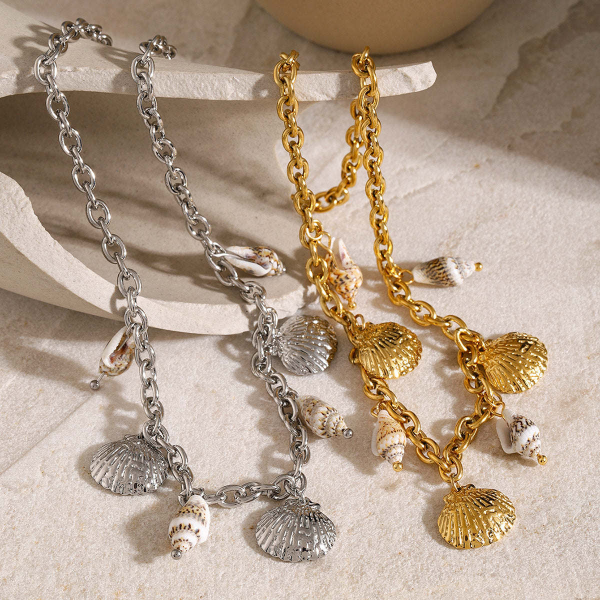 18K Gold Ocean Charm Bracelet – Starfish, Shell & Conch in Stainless Steel