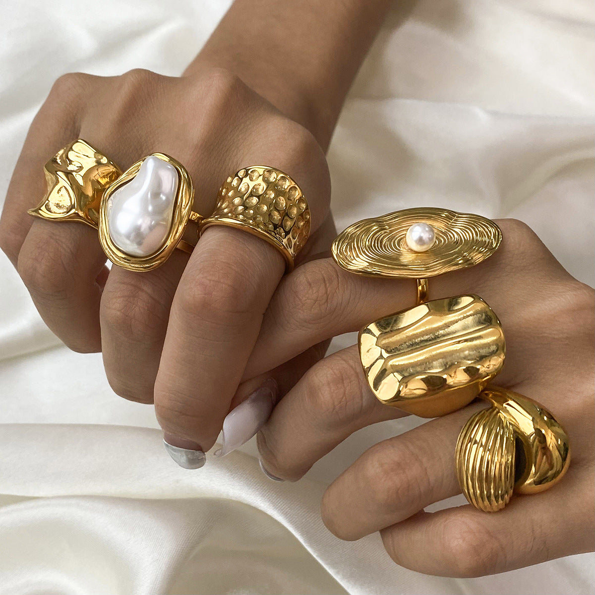 Gold Pearl Ring – Bold Titanium Steel Statement Jewelry