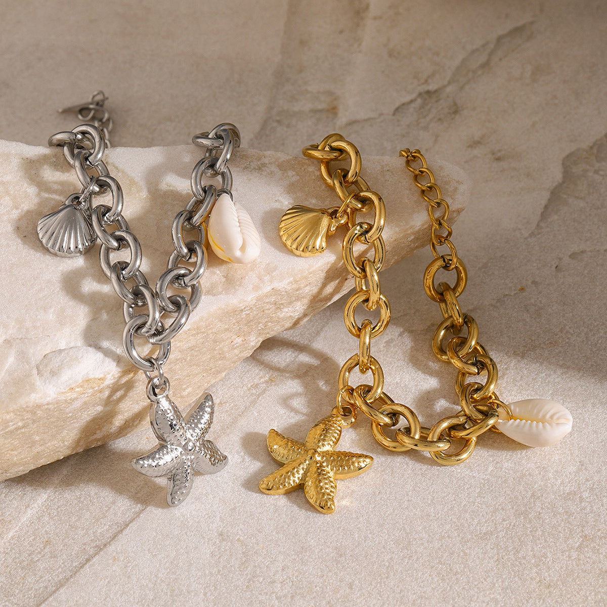 18K Gold Ocean Charm Bracelet – Starfish, Shell & Conch in Stainless Steel