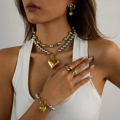 Two-Tone Heart Necklace & Ring Set – Titanium Steel Earrings