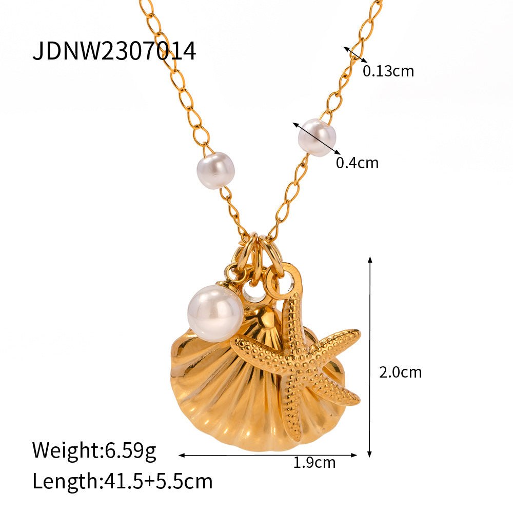 Shell & Pearl Titanium Steel Necklace – Ocean-Inspired Elegant Jewelry