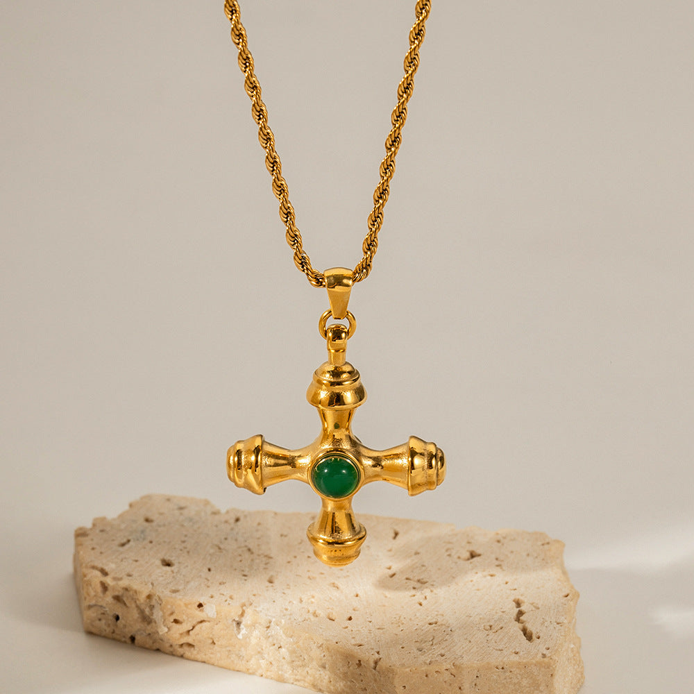 18K Gold Cross Necklace – Tiger Eye Pendant in Stainless Steel