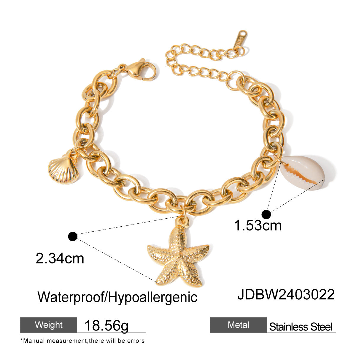 18K Gold Ocean Charm Bracelet – Starfish, Shell & Conch in Stainless Steel