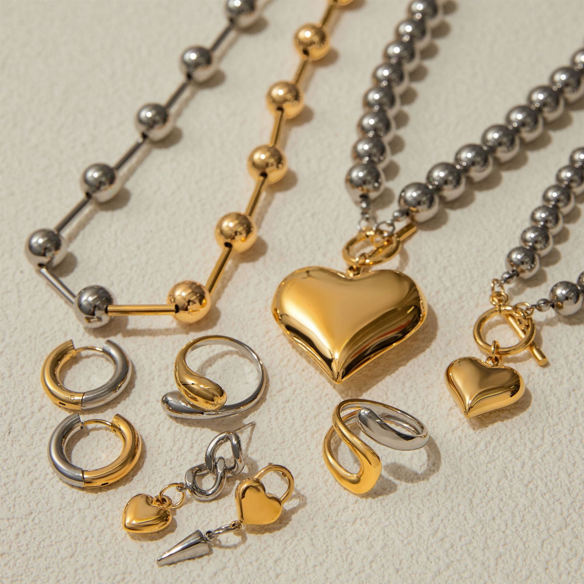 Two-Tone Heart Necklace & Ring Set – Titanium Steel Earrings