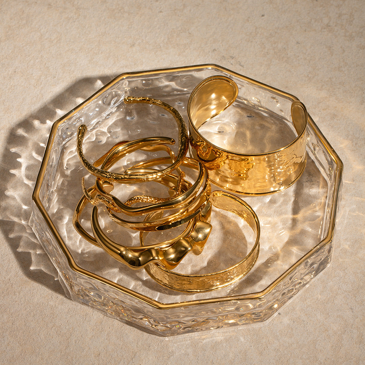 18K Gold Stainless Steel Bangle – Irregular Hammered Wave Cuff
