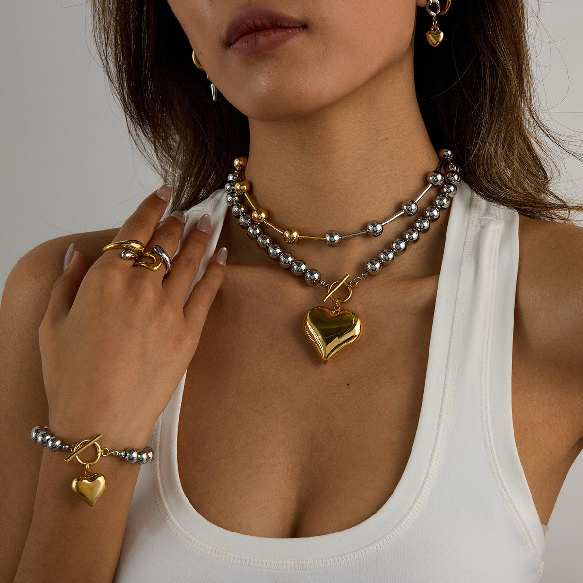 Two-Tone Heart Necklace & Ring Set – Titanium Steel Earrings
